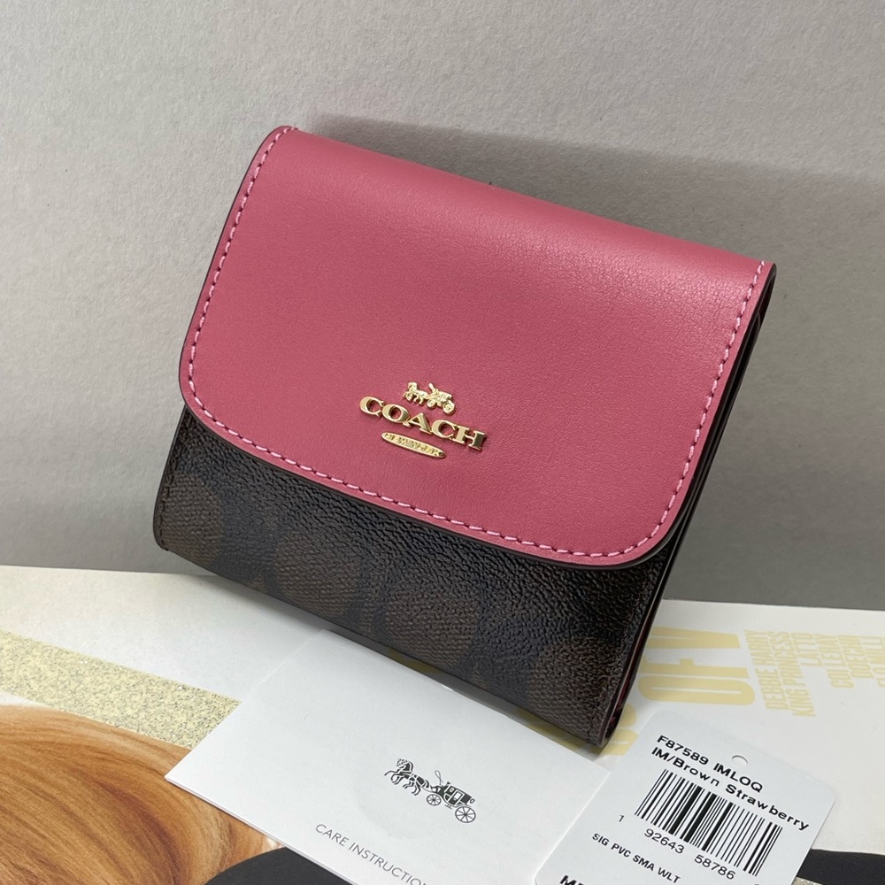 Coach small wallet signature monogram brown strawberry
